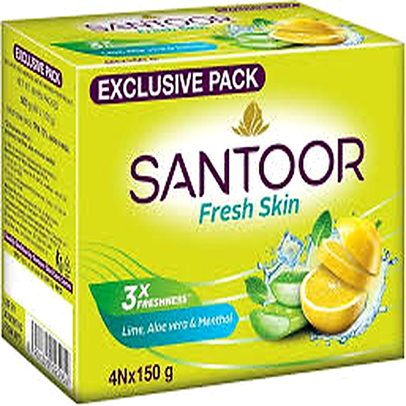 Santoor Fresh Skin Lime,aloevera & Menthol Pack of 4 150gm